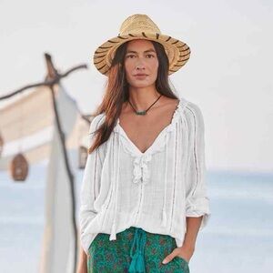 SUNDANCE ARTISTS LADDER STITCH LIGHTWEIGHT BREEZY COTTON TOP SZ PETITE L PL